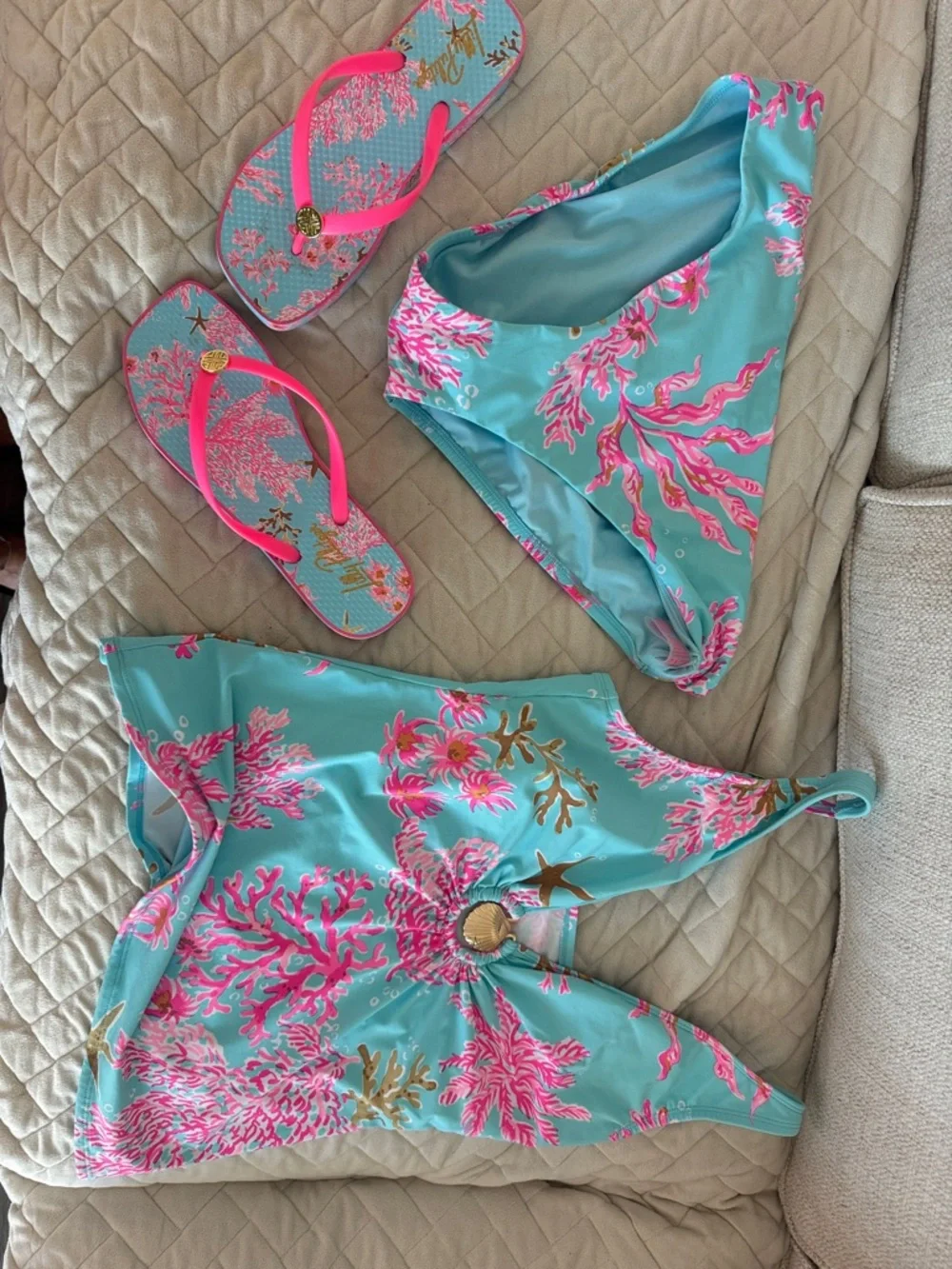 Lilly Pulitzer Turquoise & Hot Pink Coral Print Swim Set with Flip Flops - Picture 1 of 1